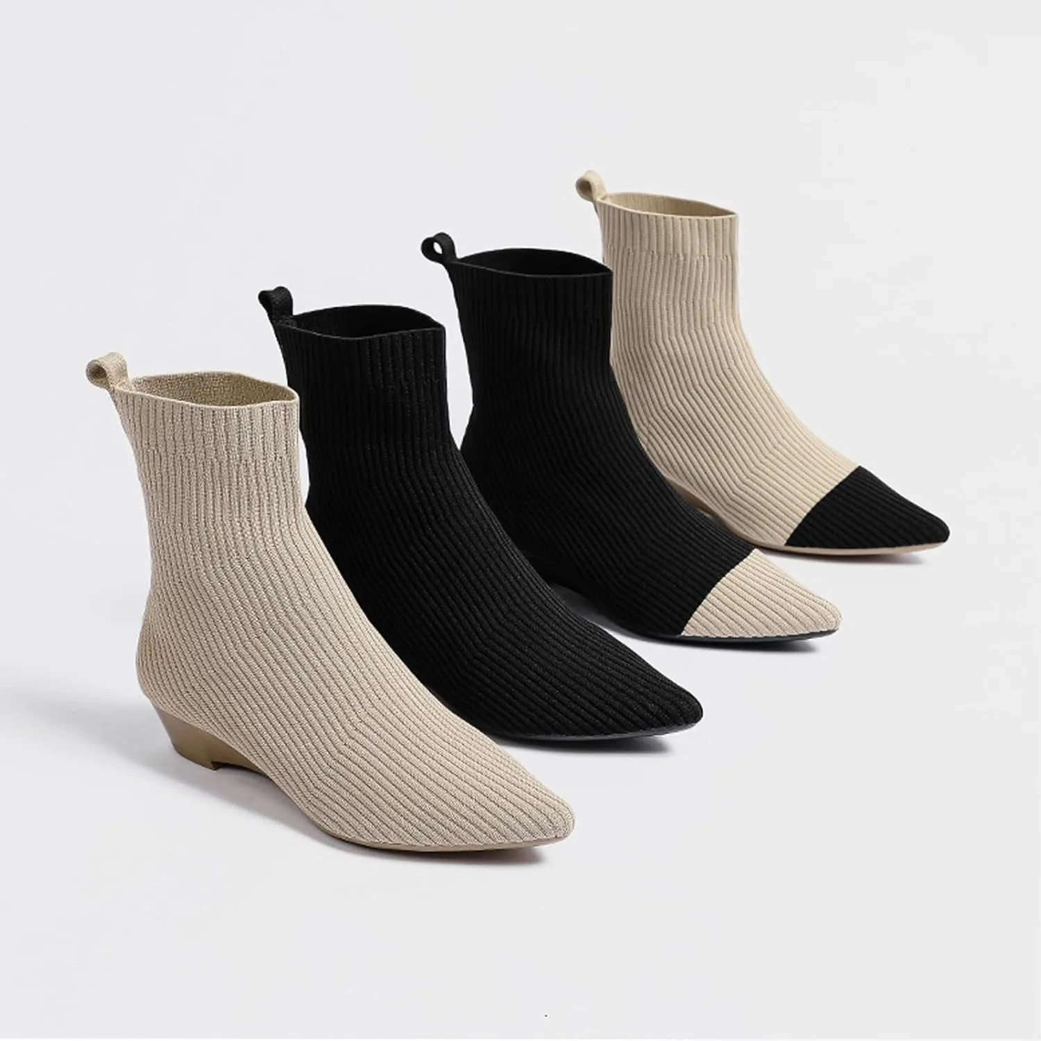 Aceptolcom Women's Stretch Knitted Booties, Stylish Pointed Toe Low Heel Wedge Boots, Slip On Short Boots, Sock Ankle Booties