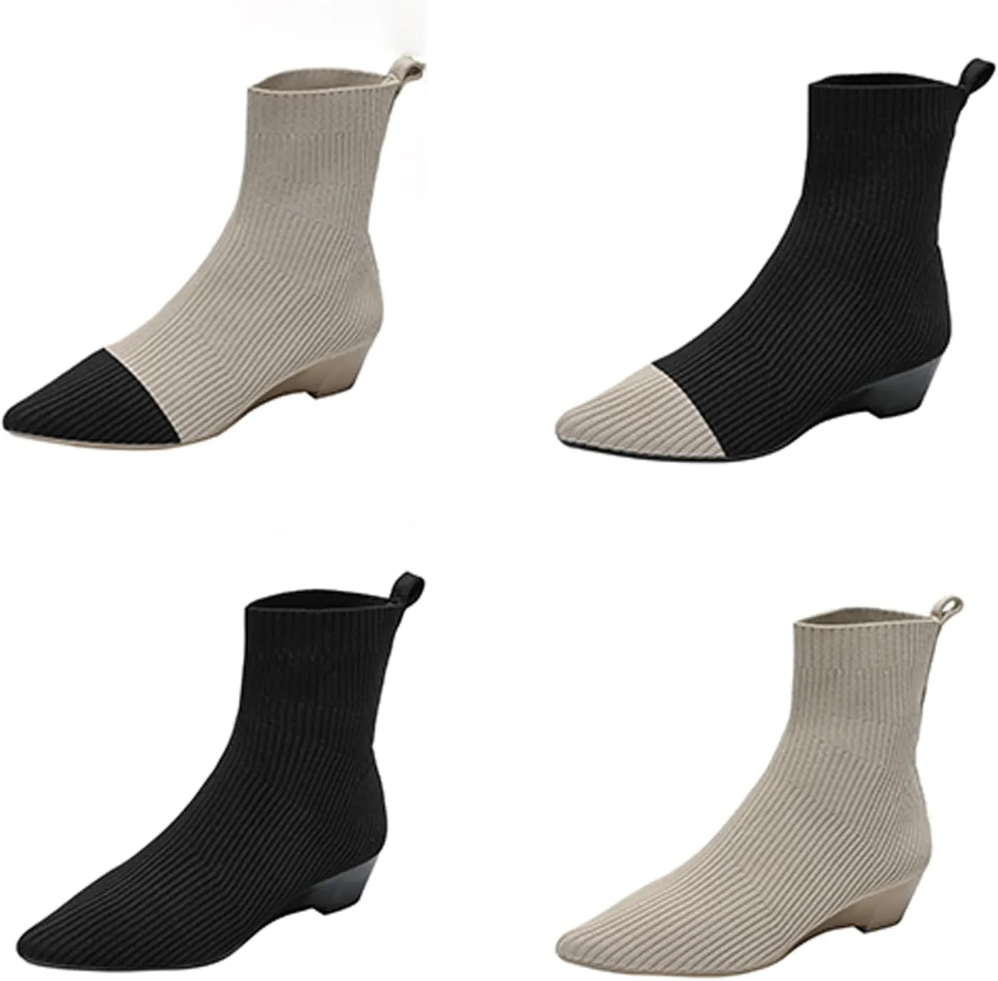Aceptolcom Women's Stretch Knitted Booties, Stylish Pointed Toe Low Heel Wedge Boots, Slip On Short Boots, Sock Ankle Booties