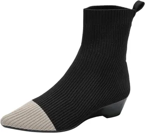 Aceptolcom Women's Stretch Knitted Booties, Stylish Pointed Toe Low Heel Wedge Boots, Slip On Short Boots, Sock Ankle Booties