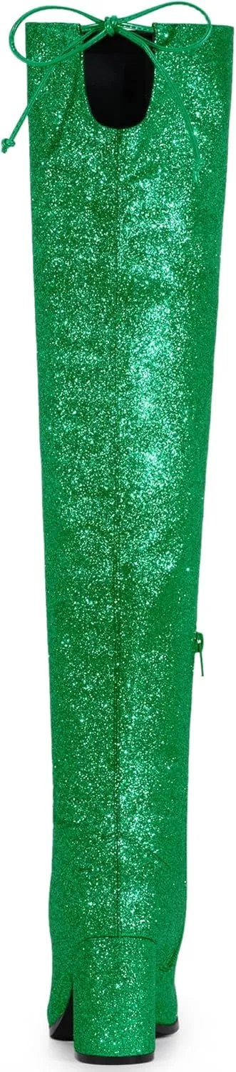 Allegra K Women's Glitter Boots Round Toe Chunky Heel Over the Knee High Boots