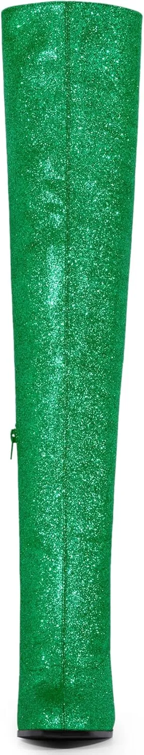 Allegra K Women's Glitter Boots Round Toe Chunky Heel Over the Knee High Boots