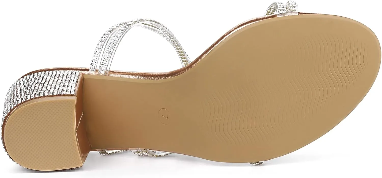 Allegra K Women's Strappy Rhinestone Block Heel Slide Sandals