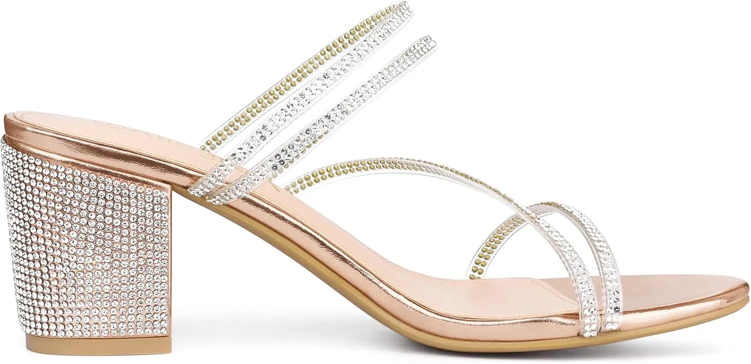 Allegra K Women's Strappy Rhinestone Block Heel Slide Sandals