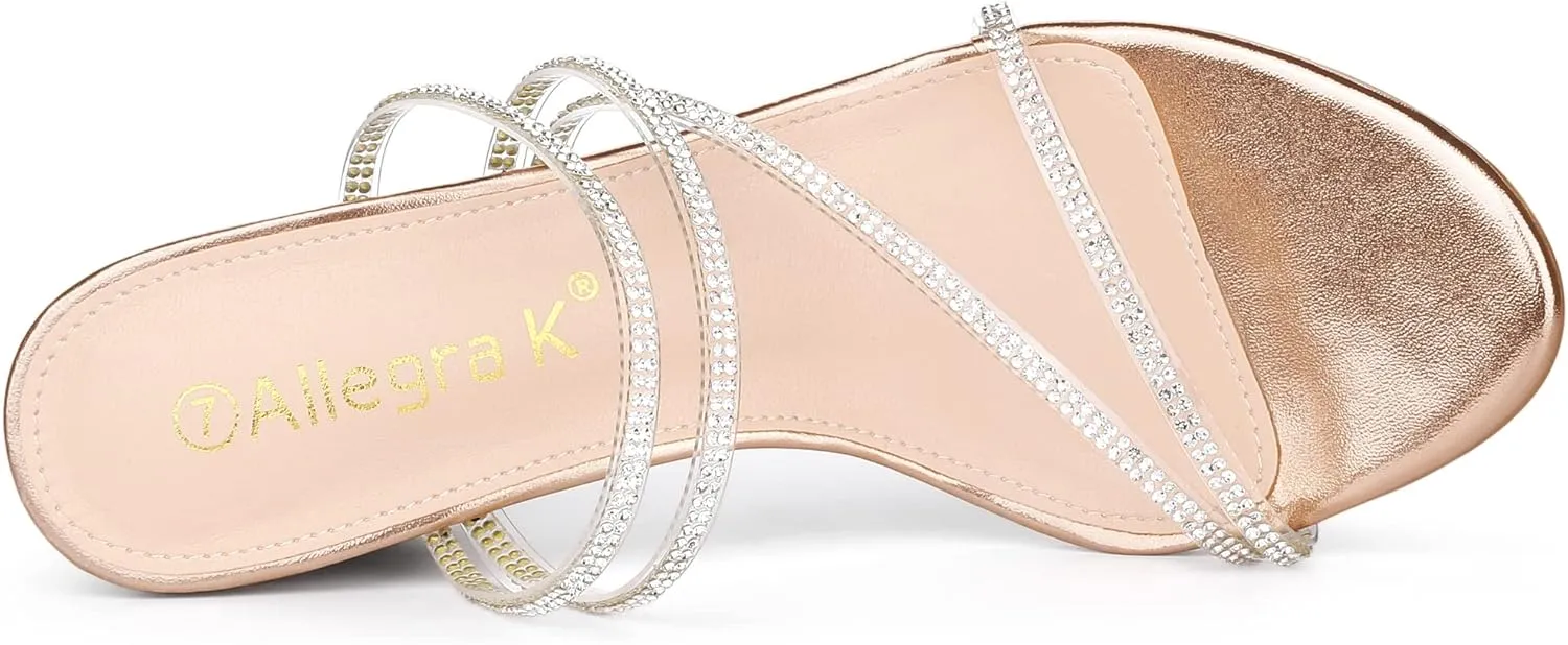 Allegra K Women's Strappy Rhinestone Block Heel Slide Sandals