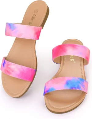 Allegra K Women's Tie Dye Open Toe Slides Slippers Slip on Flats Slides Sandals