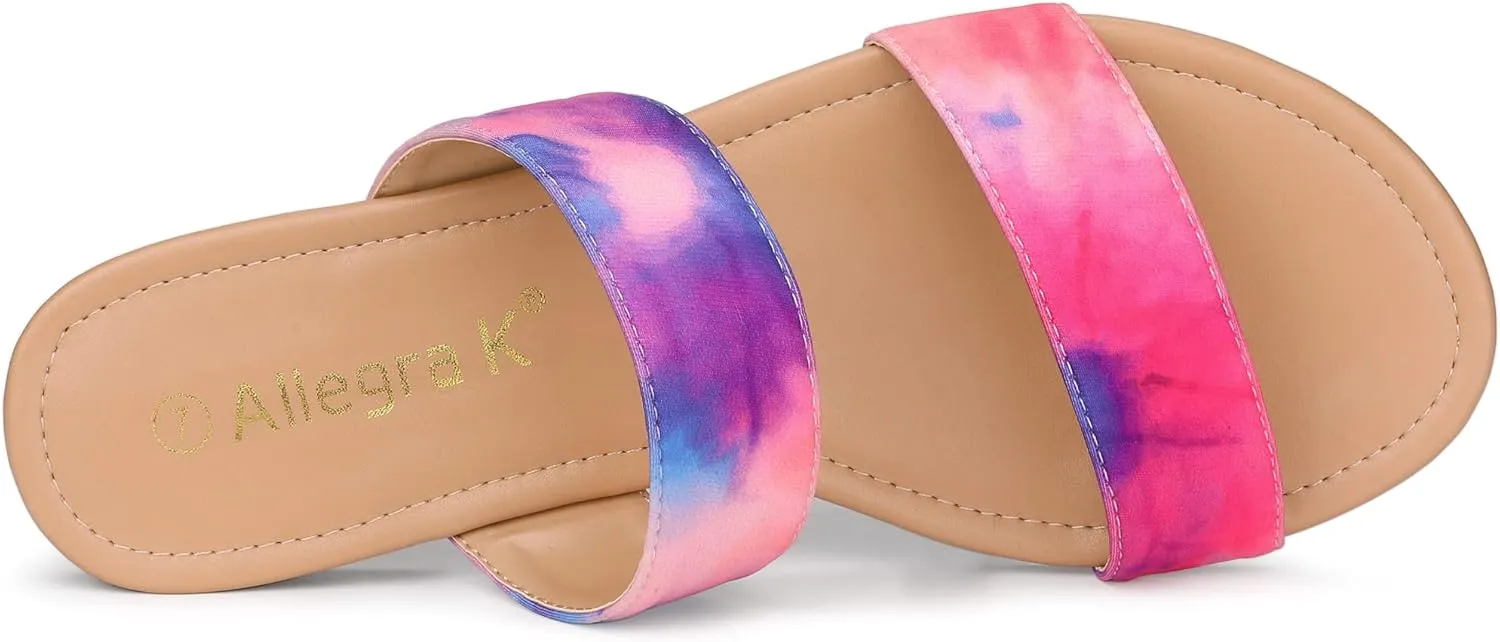Allegra K Women's Tie Dye Open Toe Slides Slippers Slip on Flats Slides Sandals