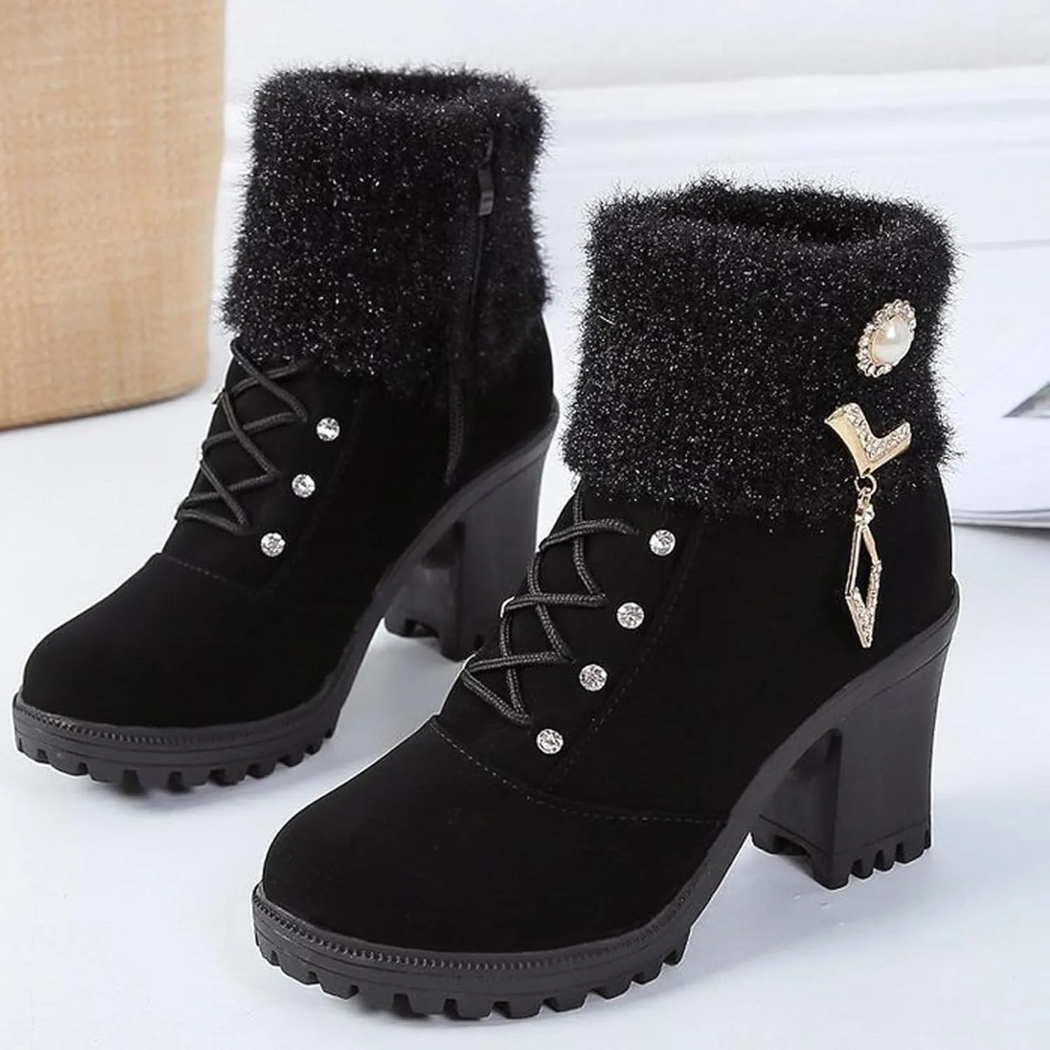 Almond Toe Chelsea Boots for Women Knit Elastic Block Heel Dress Sock Bootie Dressy Lace Up Ankle Booties Fashion Chunky Mid Heel Boot Shoes