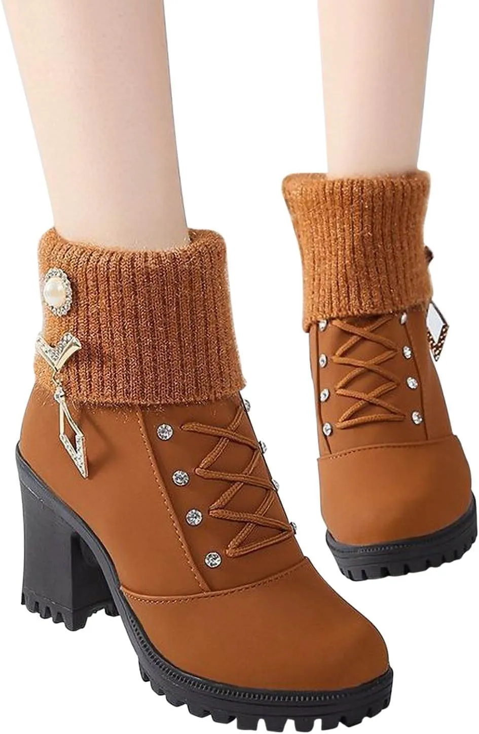 Almond Toe Chelsea Boots for Women Knit Elastic Block Heel Dress Sock Bootie Dressy Lace Up Ankle Booties Fashion Chunky Mid Heel Boot Shoes