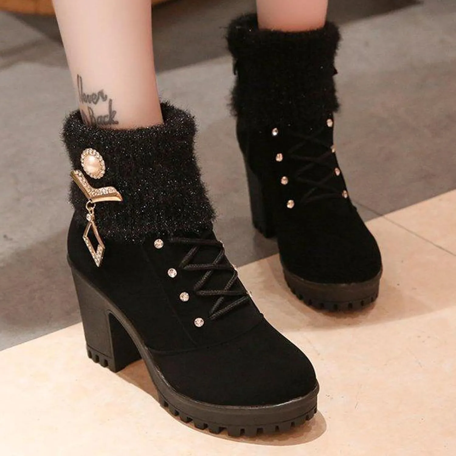 Almond Toe Chelsea Boots for Women Knit Elastic Block Heel Dress Sock Bootie Dressy Lace Up Ankle Booties Fashion Chunky Mid Heel Boot Shoes