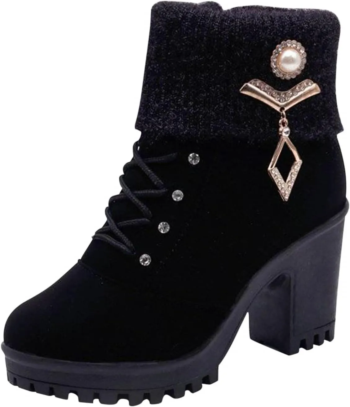 Almond Toe Chelsea Boots for Women Knit Elastic Block Heel Dress Sock Bootie Dressy Lace Up Ankle Booties Fashion Chunky Mid Heel Boot Shoes
