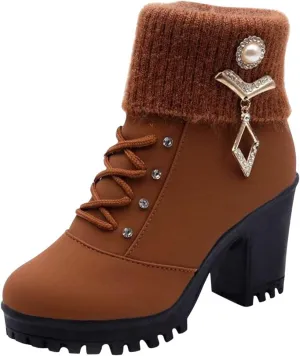 Almond Toe Chelsea Boots for Women Knit Elastic Block Heel Dress Sock Bootie Dressy Lace Up Ankle Booties Fashion Chunky Mid Heel Boot Shoes