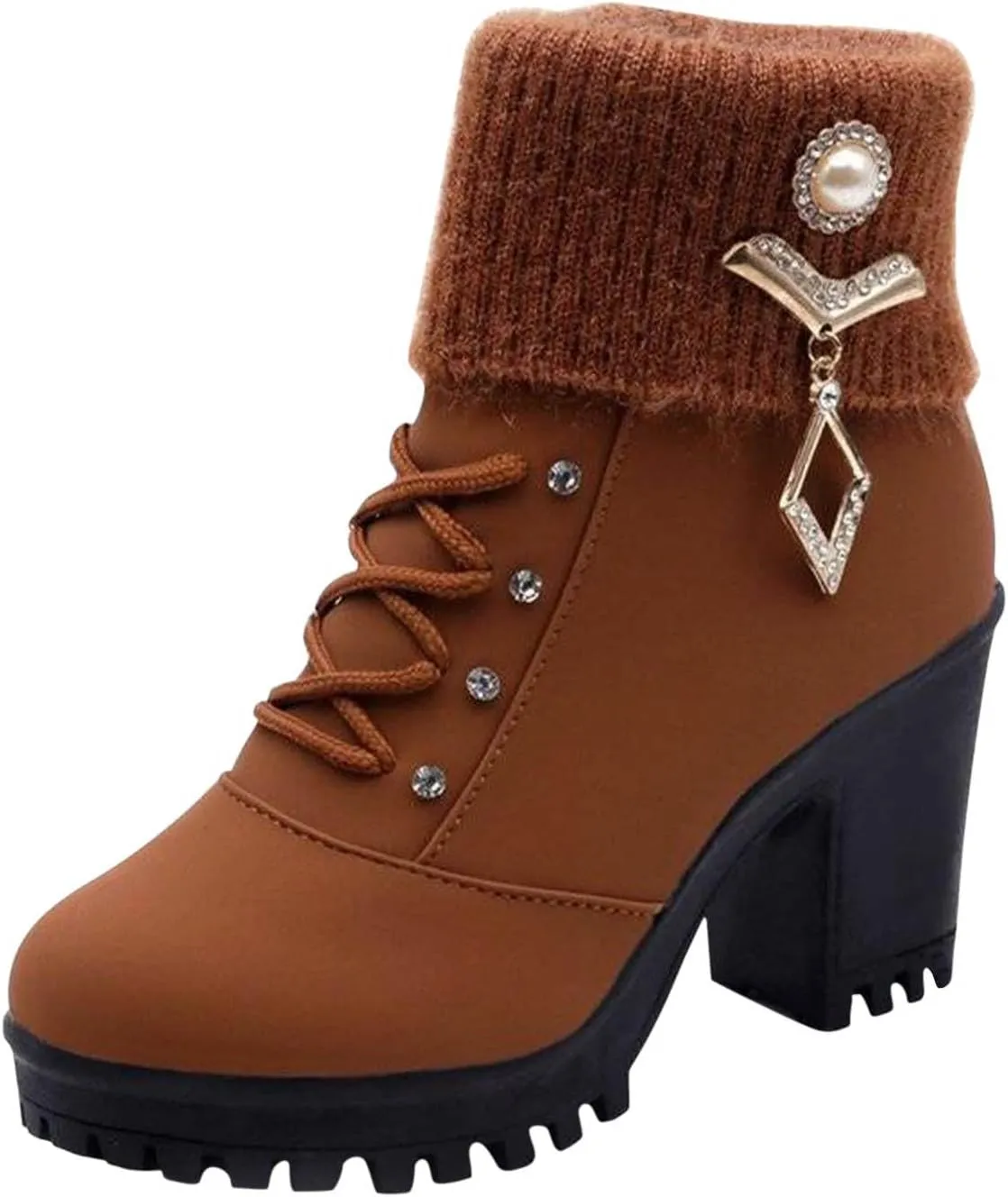 Almond Toe Chelsea Boots for Women Knit Elastic Block Heel Dress Sock Bootie Dressy Lace Up Ankle Booties Fashion Chunky Mid Heel Boot Shoes