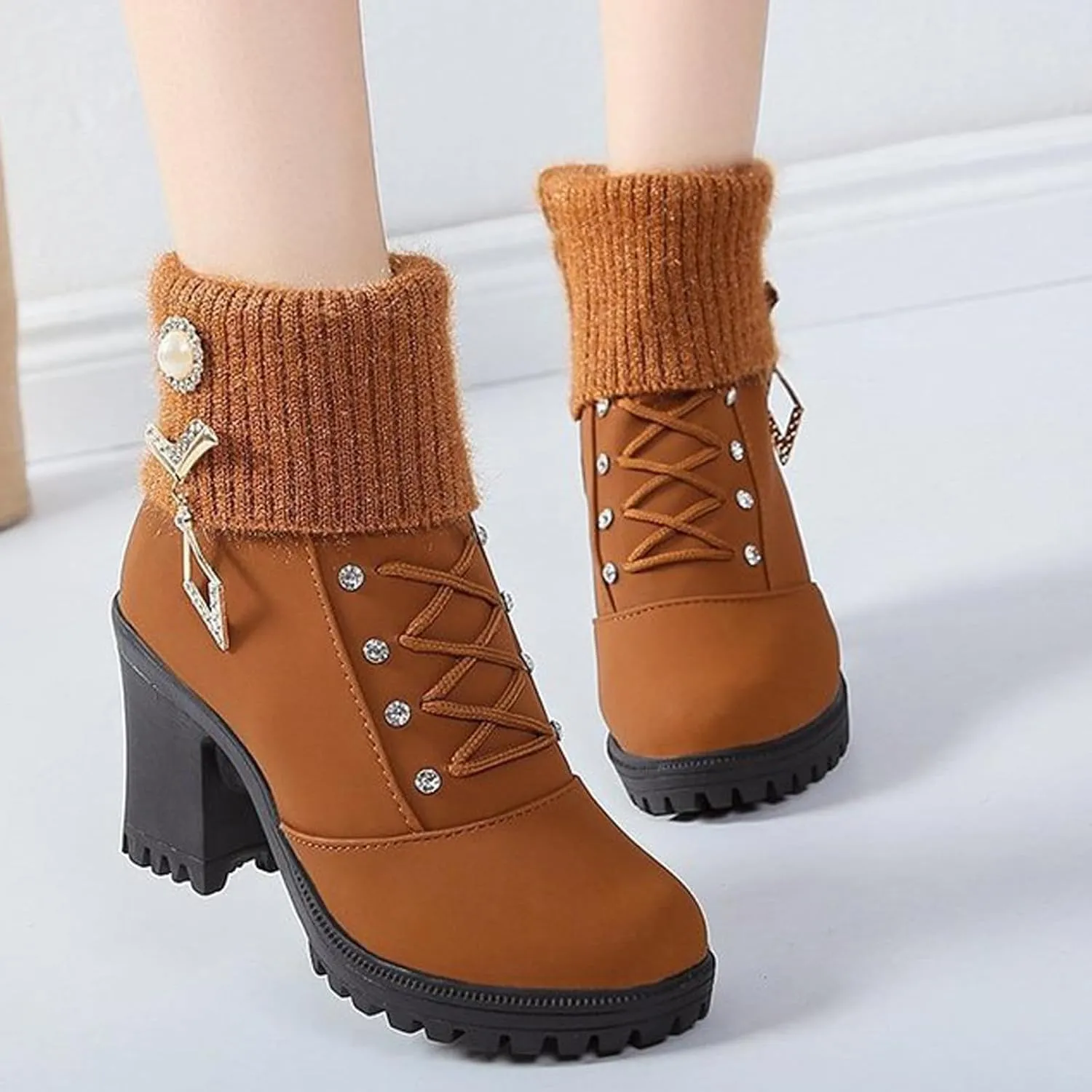 Almond Toe Chelsea Boots for Women Knit Elastic Block Heel Dress Sock Bootie Dressy Lace Up Ankle Booties Fashion Chunky Mid Heel Boot Shoes