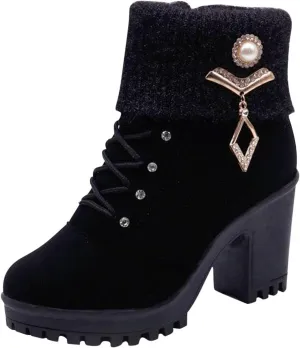 Almond Toe Chelsea Boots for Women Knit Elastic Block Heel Dress Sock Bootie Dressy Lace Up Ankle Booties Fashion Chunky Mid Heel Boot Shoes