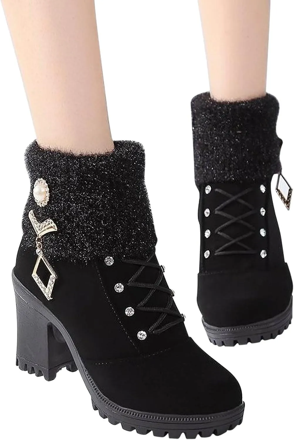 Almond Toe Chelsea Boots for Women Knit Elastic Block Heel Dress Sock Bootie Dressy Lace Up Ankle Booties Fashion Chunky Mid Heel Boot Shoes