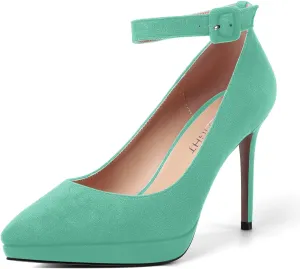 AMBELIGHT Womens Dress Ankle Strap Wedding Suede Buckle Solid Platform Pointed Toe Stiletto High Heel Pumps Shoes 4 Inch