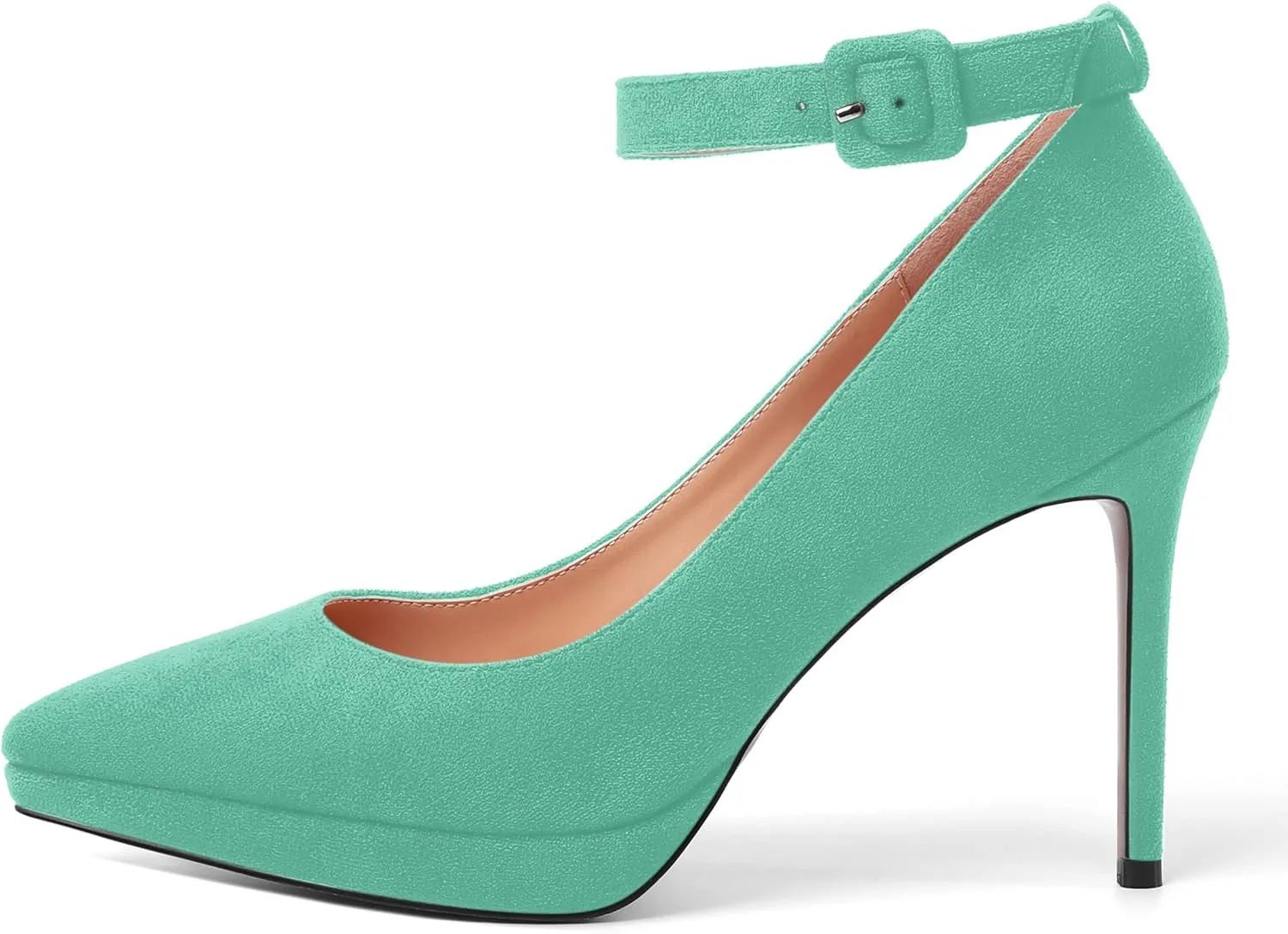 AMBELIGHT Womens Dress Ankle Strap Wedding Suede Buckle Solid Platform Pointed Toe Stiletto High Heel Pumps Shoes 4 Inch