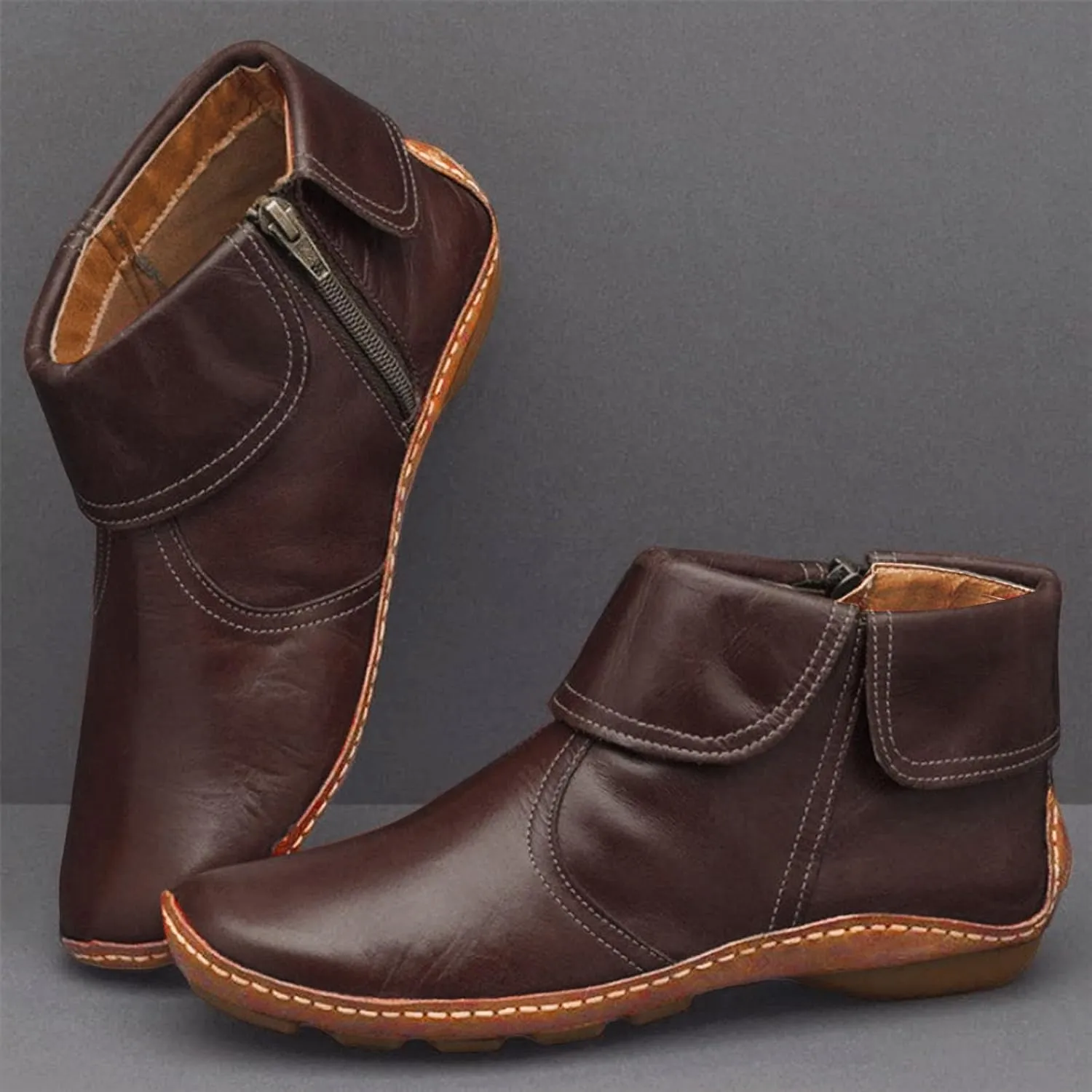 Ankle Boots for Women Flat Heel Round Toe Booties Fashion Side Zip Vintage Boots Low Heel Arch Support Booties