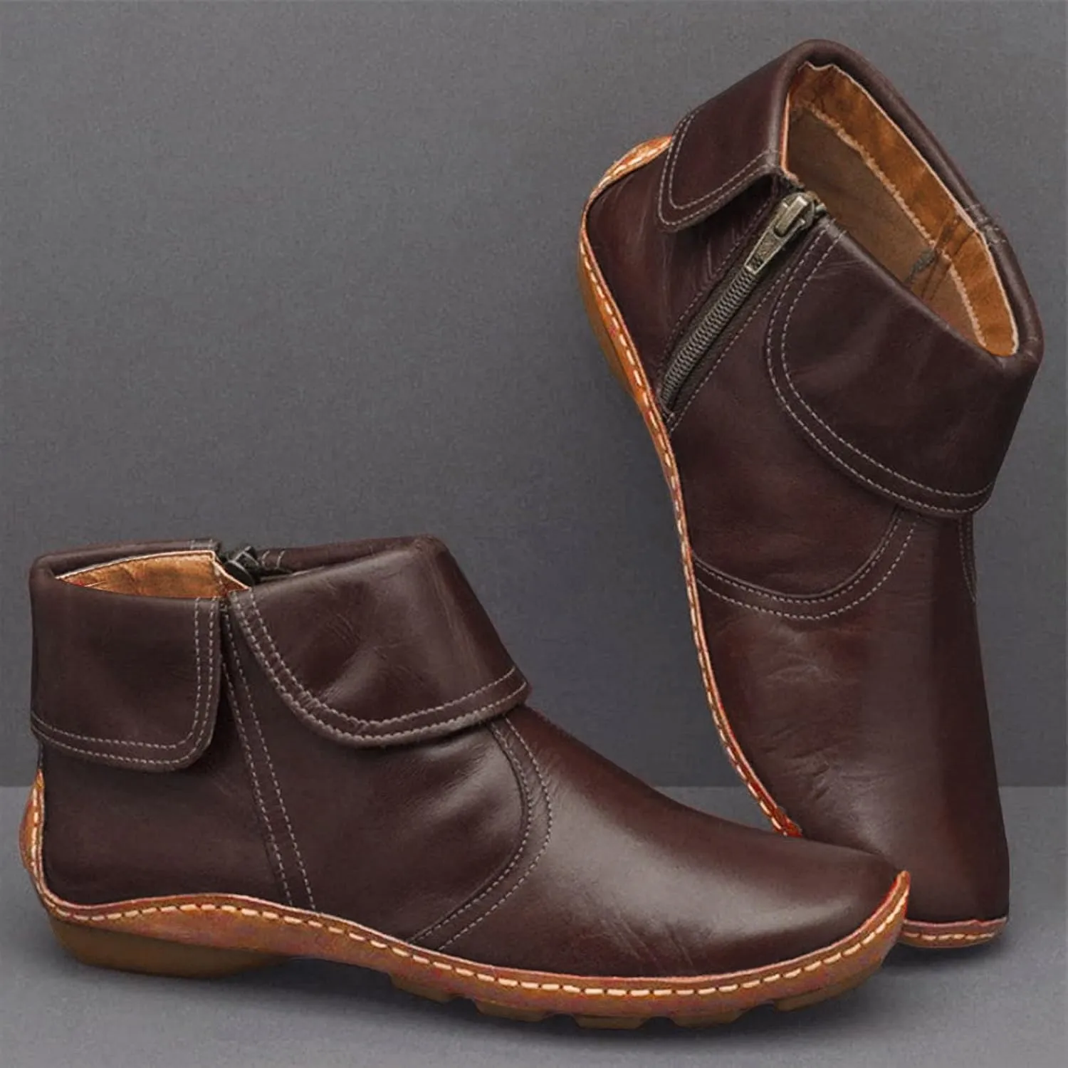 Ankle Boots for Women Flat Heel Round Toe Booties Fashion Side Zip Vintage Boots Low Heel Arch Support Booties