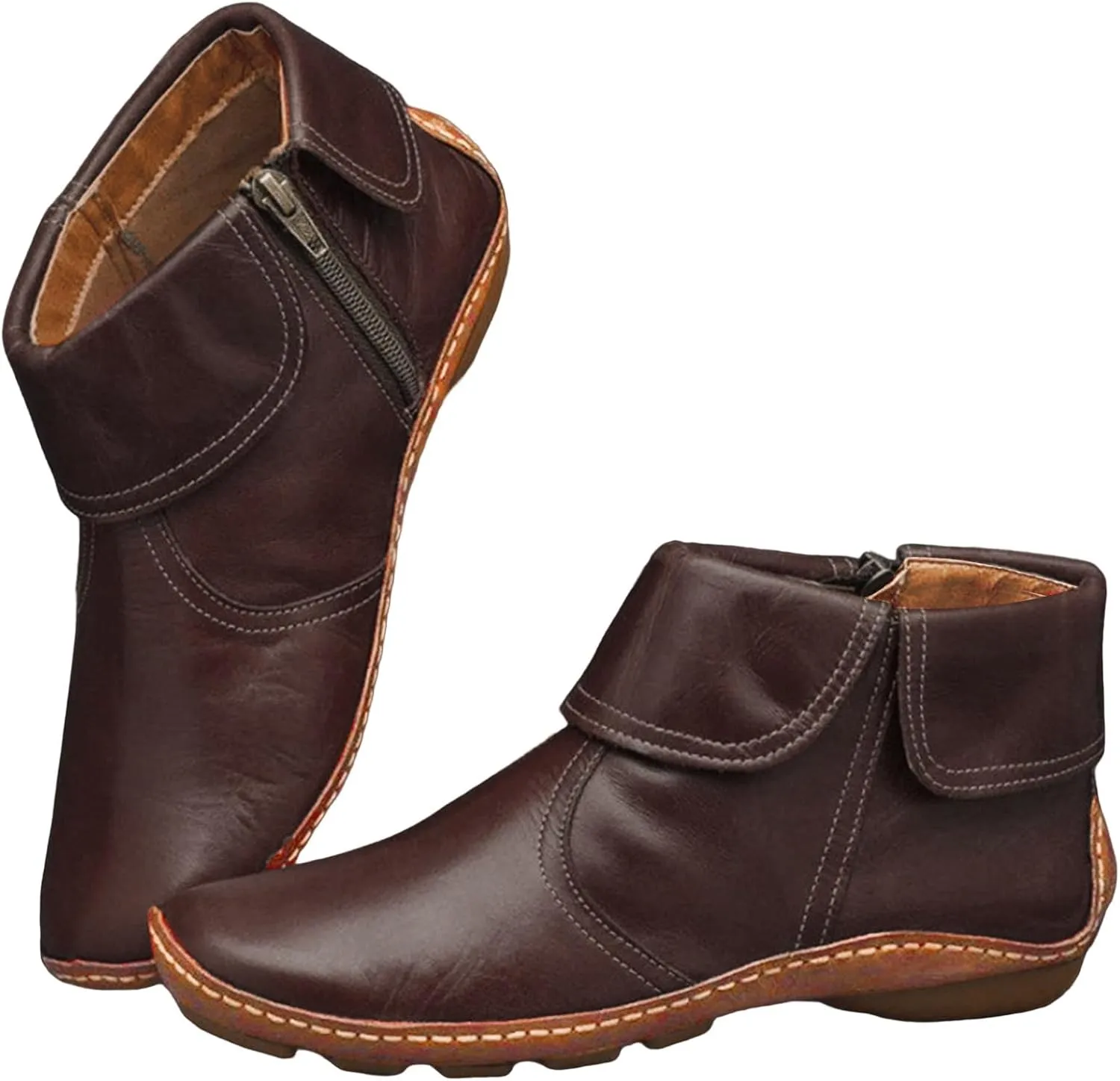 Ankle Boots for Women Flat Heel Round Toe Booties Fashion Side Zip Vintage Boots Low Heel Arch Support Booties