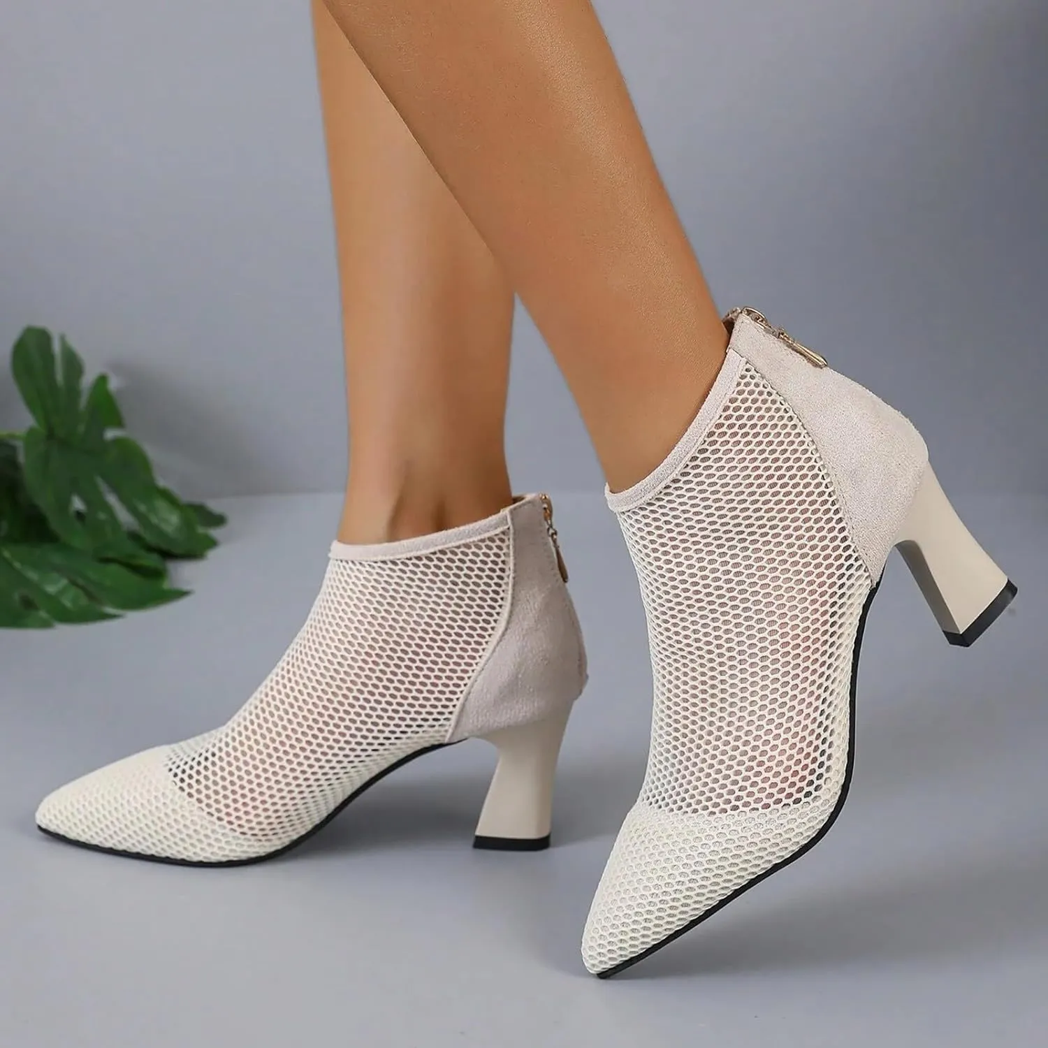 Ankle Boots for Women Mesh Pointed Heel Round Toe Lightweight Comfort Booties Slip on Ladies Fall Boots Dressy Retro Classic Boot