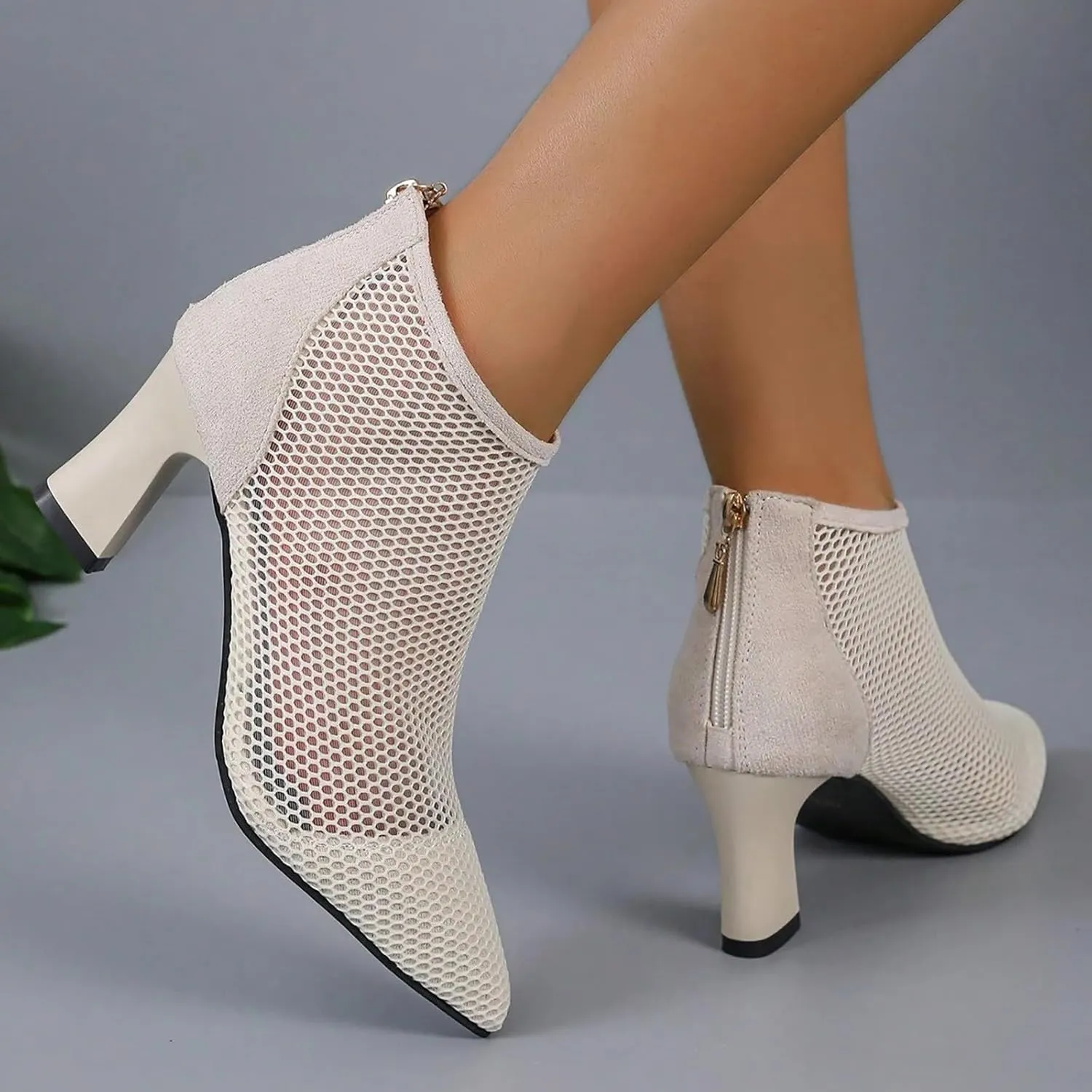 Ankle Boots for Women Mesh Pointed Heel Round Toe Lightweight Comfort Booties Slip on Ladies Fall Boots Dressy Retro Classic Boot