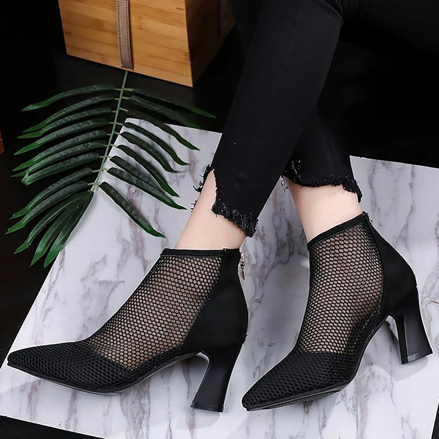 Ankle Boots for Women Mesh Pointed Heel Round Toe Lightweight Comfort Booties Slip on Ladies Fall Boots Dressy Retro Classic Boot