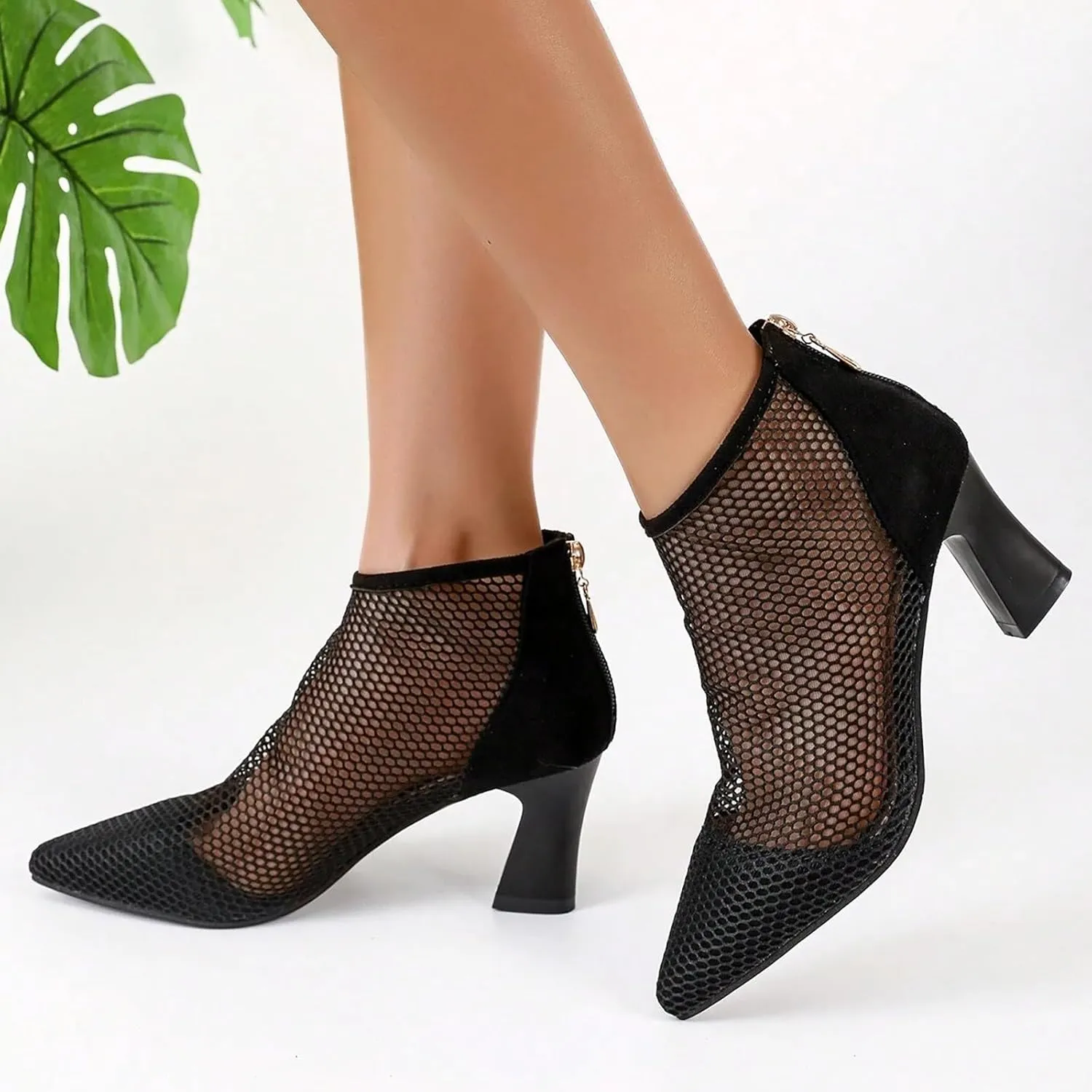 Ankle Boots for Women Mesh Pointed Heel Round Toe Lightweight Comfort Booties Slip on Ladies Fall Boots Dressy Retro Classic Boot
