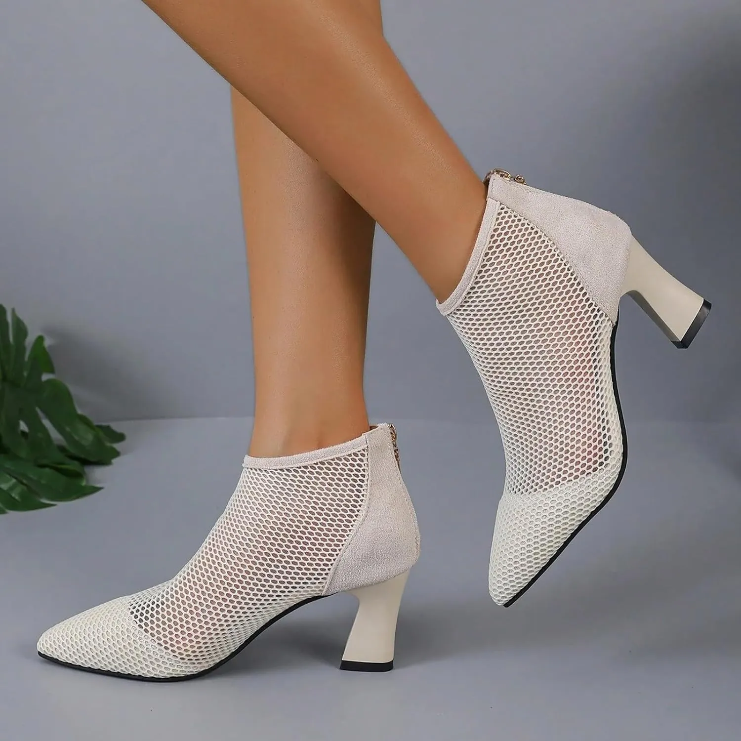 Ankle Boots for Women Mesh Pointed Heel Round Toe Lightweight Comfort Booties Slip on Ladies Fall Boots Dressy Retro Classic Boot