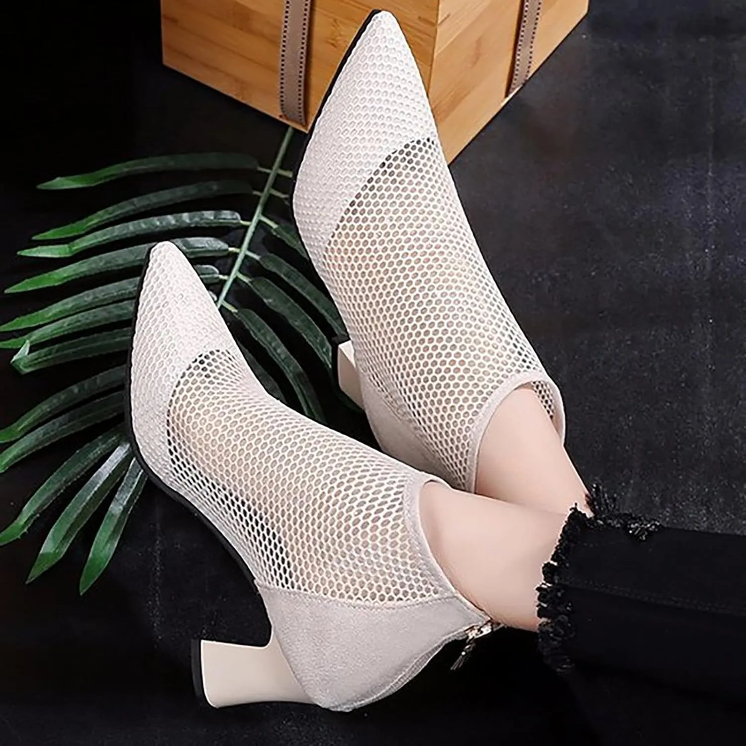 Ankle Boots for Women Mesh Pointed Heel Round Toe Lightweight Comfort Booties Slip on Ladies Fall Boots Dressy Retro Classic Boot