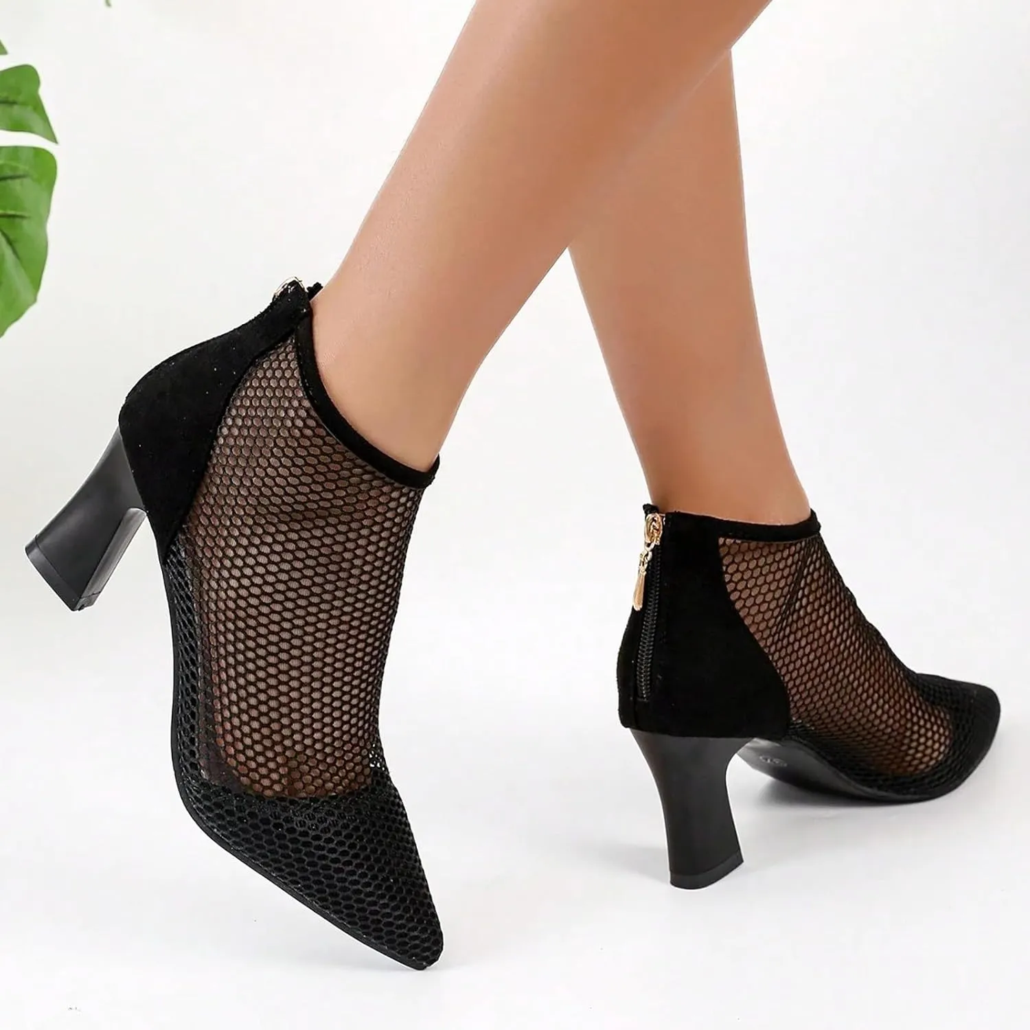 Ankle Boots for Women Mesh Pointed Heel Round Toe Lightweight Comfort Booties Slip on Ladies Fall Boots Dressy Retro Classic Boot