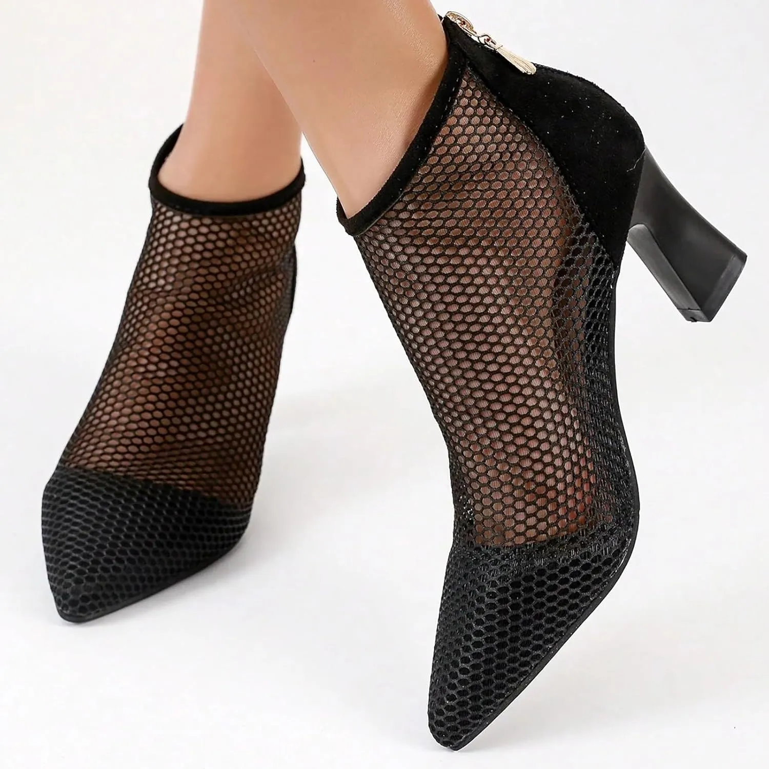 Ankle Boots for Women Mesh Pointed Heel Round Toe Lightweight Comfort Booties Slip on Ladies Fall Boots Dressy Retro Classic Boot