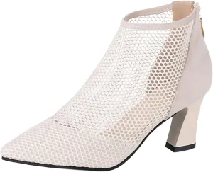 Ankle Boots for Women Mesh Pointed Heel Round Toe Lightweight Comfort Booties Slip on Ladies Fall Boots Dressy Retro Classic Boot