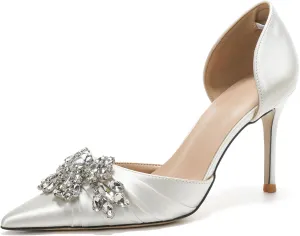 AOQUNFS Women's High Heels Closed Toe Stiletto Pointed Toe Satin Crystals Ankle Dress Wedding Party Pumps Shoes