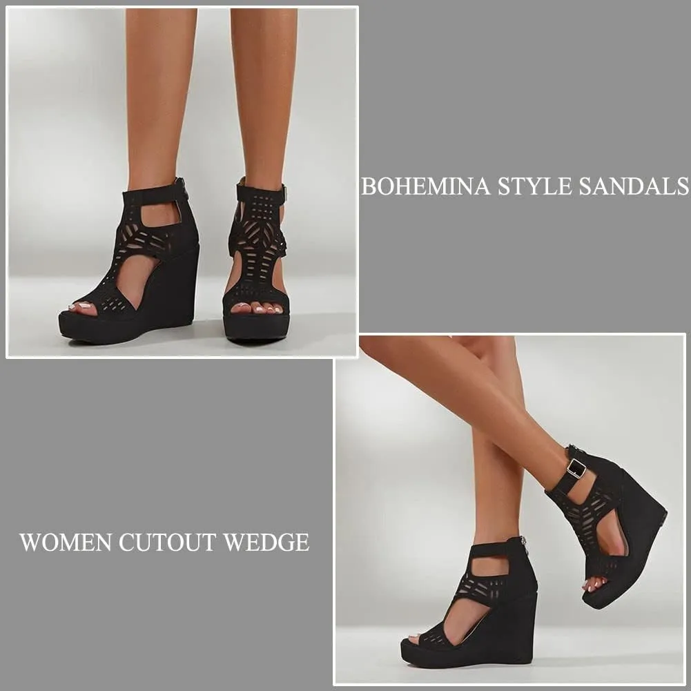 AOSPHIRAYLIAN Wedge Sandals for Women Open Toe Cutout Platform Bohemian Sandals High Heel Buckle Ankle Strap Comfy Summer Sandals