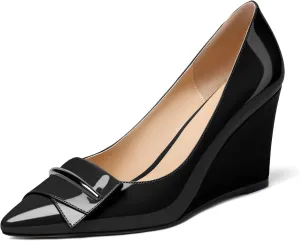 AUMOTED Women Wedge Heels Pumps Pointed Toe Slip on High Heeled Bow Heels Classic Wedge Heel Dress Shoes for Office Wedding Work Evening 3.5 Inches