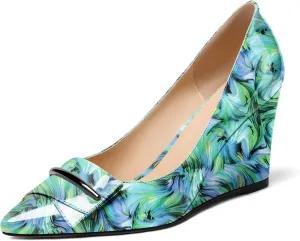 AUMOTED Women Wedge Heels Pumps Pointed Toe Slip on High Heeled Bow Heels Classic Wedge Heel Dress Shoes for Office Wedding Work Evening 3.5 Inches