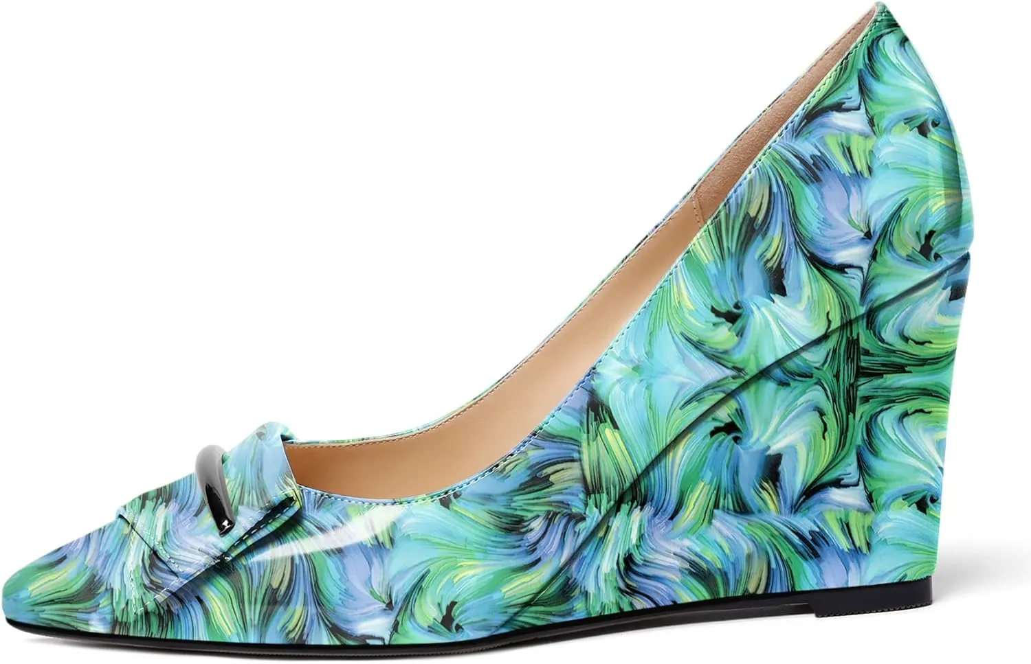 AUMOTED Women Wedge Heels Pumps Pointed Toe Slip on High Heeled Bow Heels Classic Wedge Heel Dress Shoes for Office Wedding Work Evening 3.5 Inches
