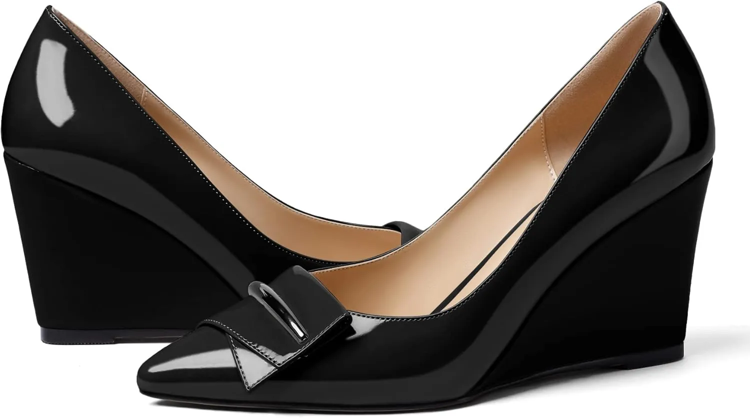 AUMOTED Women Wedge Heels Pumps Pointed Toe Slip on High Heeled Bow Heels Classic Wedge Heel Dress Shoes for Office Wedding Work Evening 3.5 Inches