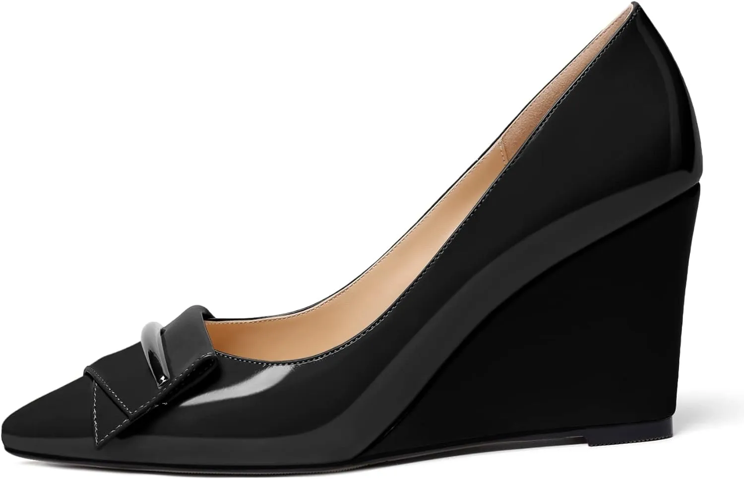 AUMOTED Women Wedge Heels Pumps Pointed Toe Slip on High Heeled Bow Heels Classic Wedge Heel Dress Shoes for Office Wedding Work Evening 3.5 Inches