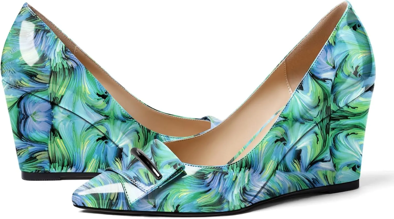 AUMOTED Women Wedge Heels Pumps Pointed Toe Slip on High Heeled Bow Heels Classic Wedge Heel Dress Shoes for Office Wedding Work Evening 3.5 Inches