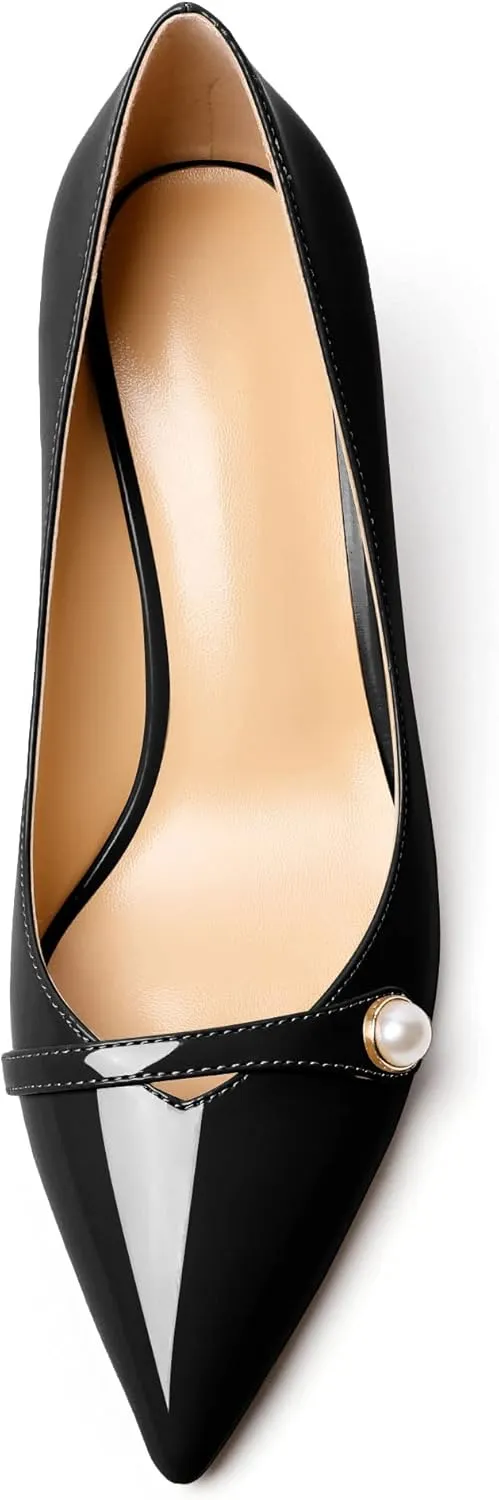 AUMOTED Women's Chunky Block Heel Pumps Pointed Toe Slip On Chunky Pearl Heels Ladies Work Office Dress Shoes 2.5 Inches