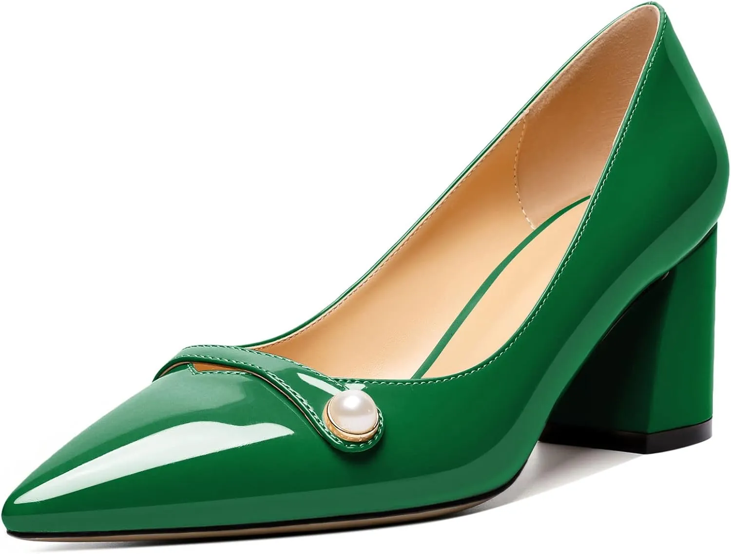 AUMOTED Women's Chunky Block Heel Pumps Pointed Toe Slip On Chunky Pearl Heels Ladies Work Office Dress Shoes 2.5 Inches