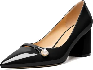 AUMOTED Women's Chunky Block Heel Pumps Pointed Toe Slip On Chunky Pearl Heels Ladies Work Office Dress Shoes 2.5 Inches