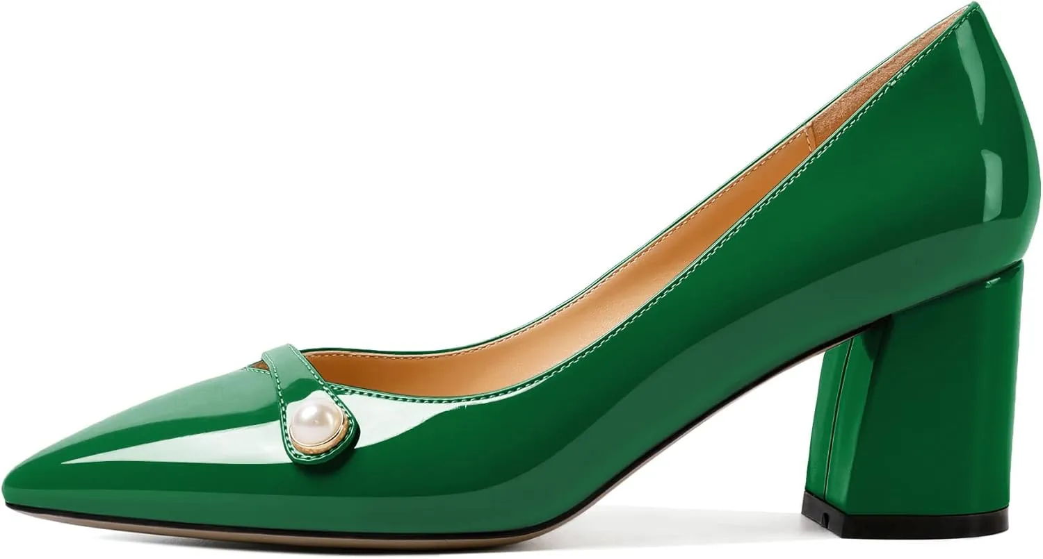 AUMOTED Women's Chunky Block Heel Pumps Pointed Toe Slip On Chunky Pearl Heels Ladies Work Office Dress Shoes 2.5 Inches
