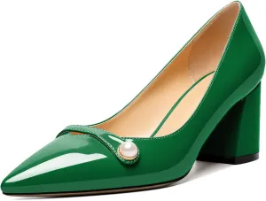 AUMOTED Women's Chunky Block Heel Pumps Pointed Toe Slip On Chunky Pearl Heels Ladies Work Office Dress Shoes 2.5 Inches