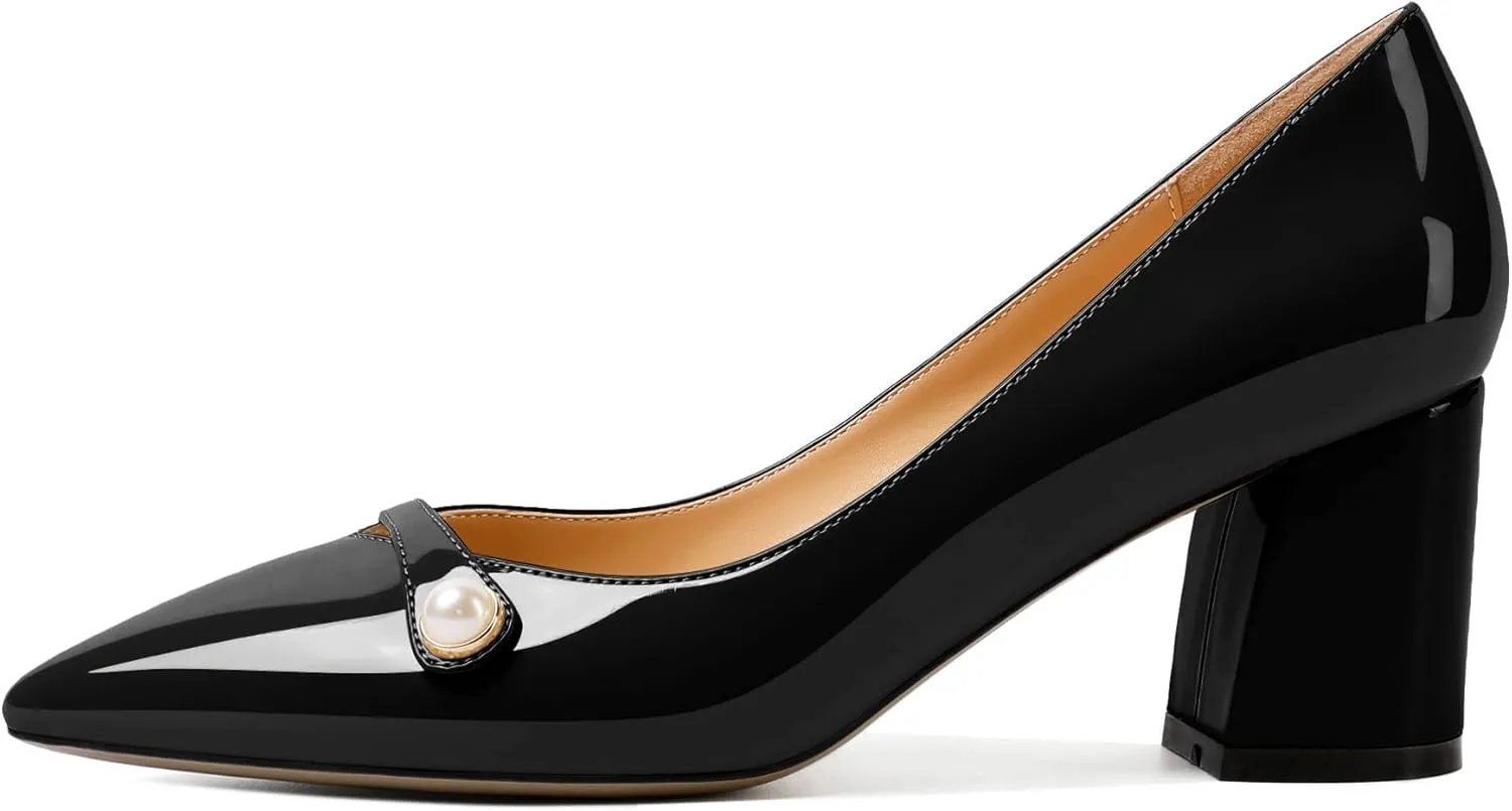 AUMOTED Women's Chunky Block Heel Pumps Pointed Toe Slip On Chunky Pearl Heels Ladies Work Office Dress Shoes 2.5 Inches