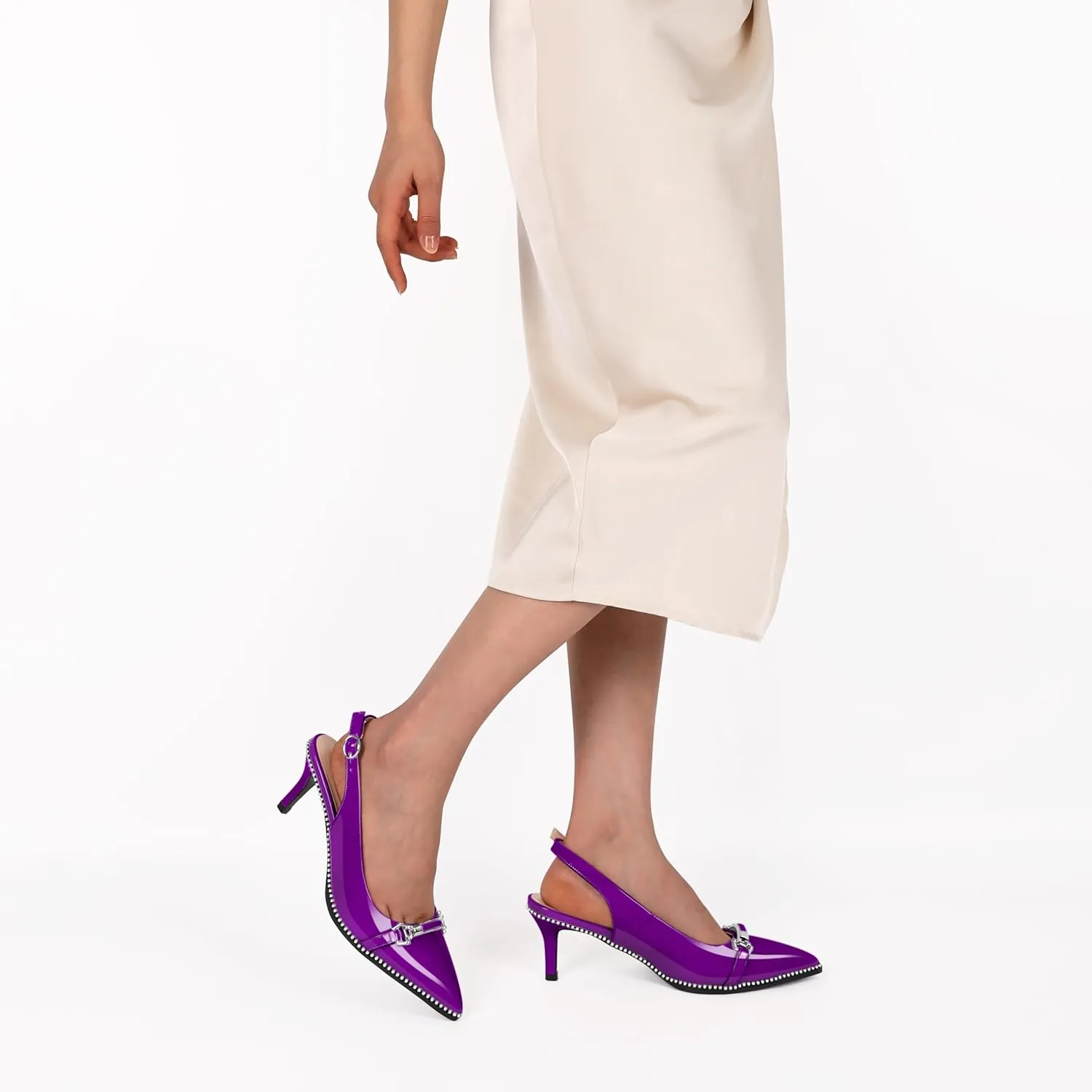 AUMOTED Women's Slingback Heels Beaded Kitten Pumps Pointed Toe Low Heels Comfortable 2.5 Inch Dress Sandals