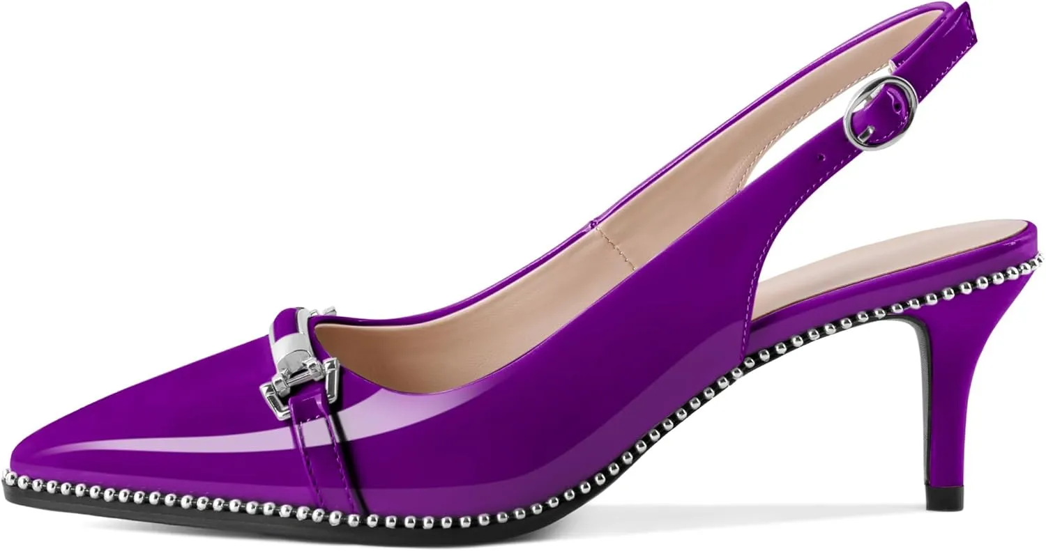 AUMOTED Women's Slingback Heels Beaded Kitten Pumps Pointed Toe Low Heels Comfortable 2.5 Inch Dress Sandals