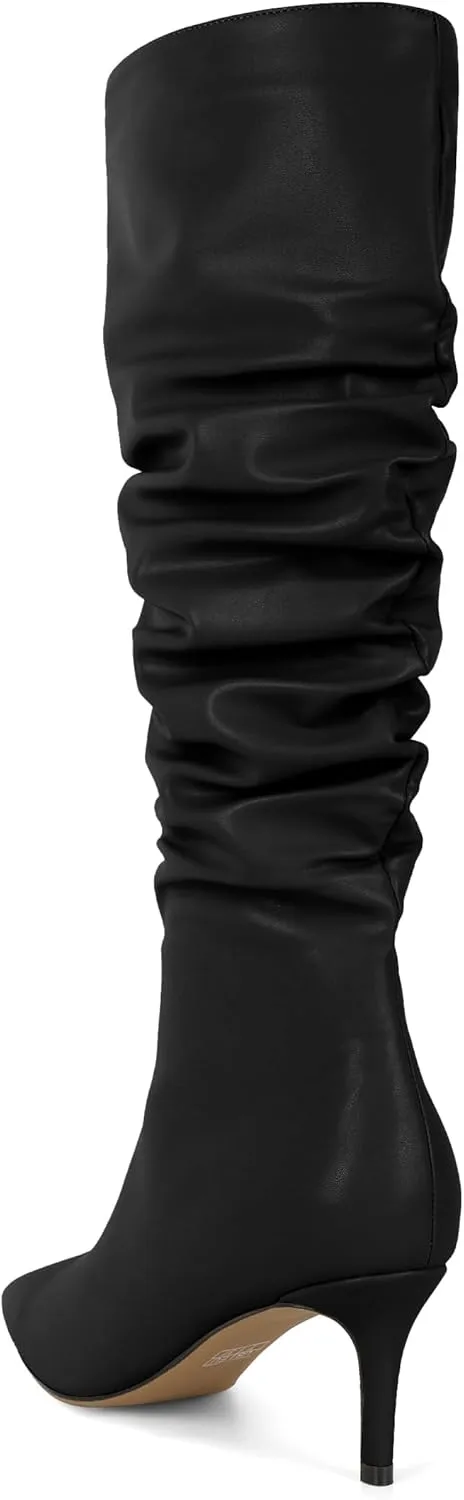 AUMOTED Womens Slouchy Knee High Boots Mid Calf Boots Kitten Heel Pointed Toe Pull On Long Boots Winter Shoes 2.5 Inch Heeled Boots